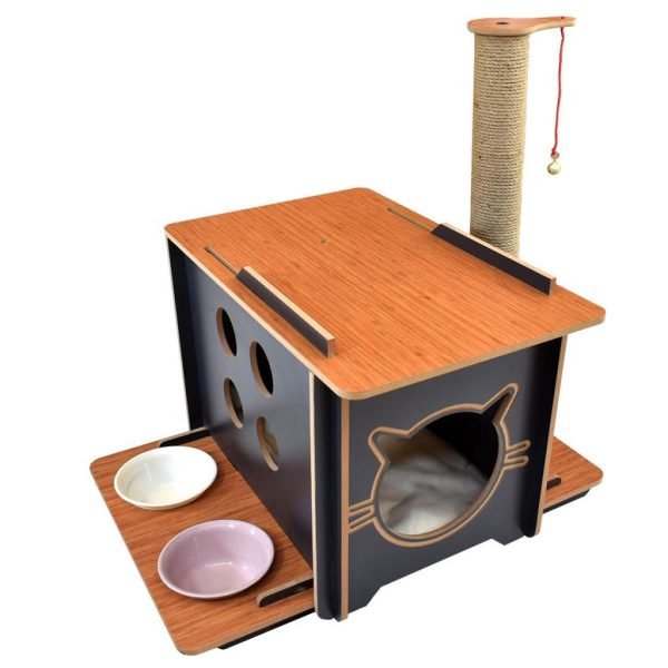 İndigo Kedi Evi Kulübesi Mama Su Kabı Tırmalamalı Minderli