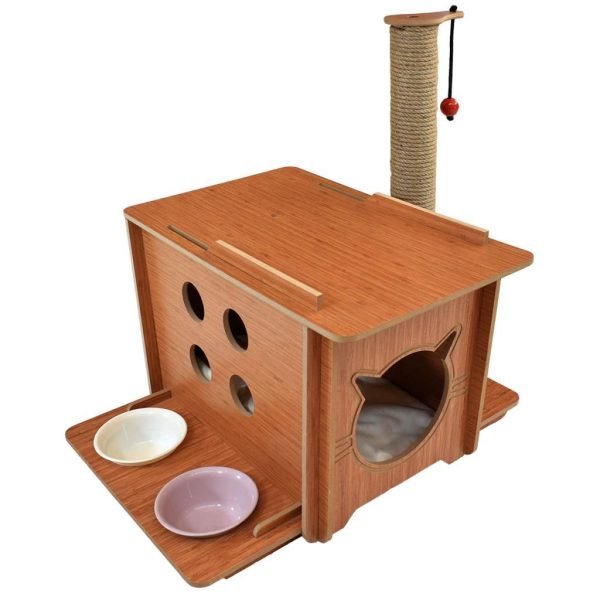İndigo Kedi Evi Kulübesi Mama Su Kabı Tırmalamalı Minderli - Görsel 5